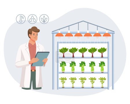 Hydroponic technology for growing plants. Scientist or biologist at hydroponic farm. Vertical farming. Smart farm. Illustration, vector