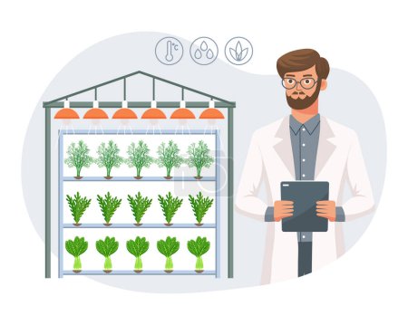 Tecnología hidropónica para plantas en crecimiento. Científico o biotecnólogo en granja hidropónica. La agricultura vertical. Granja inteligente. Ilustración, vector