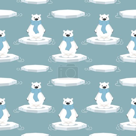 Ilustración de Patrón sin costuras con bonitos osos polares sobre un témpano de hielo sobre un fondo azul. Diseño para impresión, textil, tela. Vector - Imagen libre de derechos