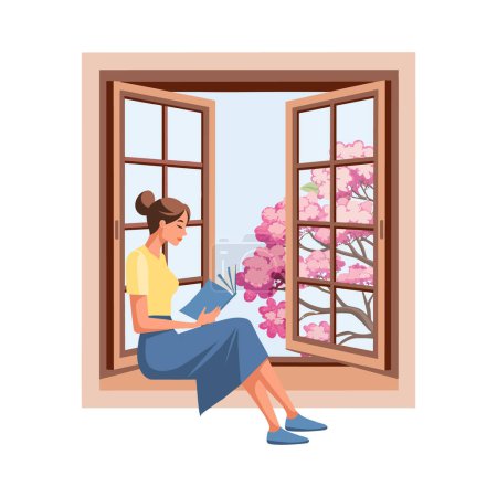 Cute woman reading a book while sitting near an open window with a landscape. Background for a bookstore. Education and recreation concept. Vector