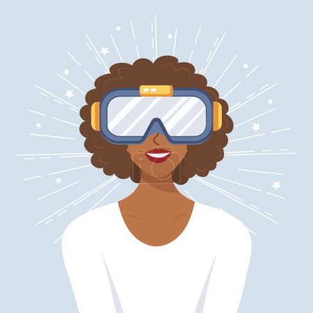 Téléchargez les illustrations : Fille regardant à travers les lunettes de réalité virtuelle. Femme moderne dans des lunettes futuristes. Fille travaillant avec casque VR. Illustration, vecteur - en licence libre de droit