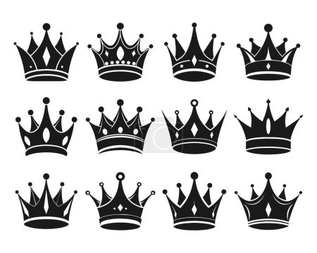 Ilustración de Conjunto de coronas reales. Colección de siluetas negras de coronas sobre fondo blanco. Vector - Imagen libre de derechos