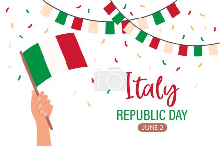 Illustration for Italy republic day greeting card, banner with template text. Hand with Italy flag. Illustration, vector - Royalty Free Image