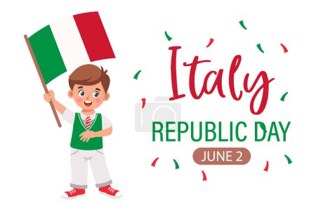 Illustration for Italian Republic Day, June 2. Cute little boy with Italy flag. Illustration, banner, vector - Royalty Free Image