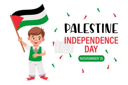 Día de la Independencia Palestina. Lindo niño con bandera de Palestina. Ilustración, banner, vector