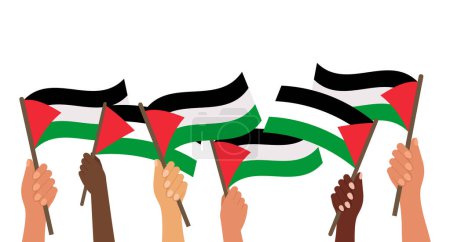 Palestine Independence Day. Hands with Palestine flags. Illustration, banner, vector