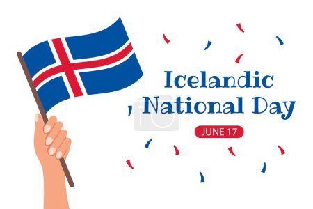 Día Nacional Islandés. Bandera con banderas islandesas en la mano. Ilustración de vacaciones. Vector