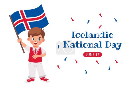 Día Nacional Islandés. Banner con lindo niño con bandera islandesa en la mano. Vector