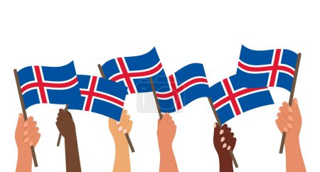 Fête nationale islandaise. Bannière avec drapeaux islandais dans les mains. Illustration de vacances. Vecteur