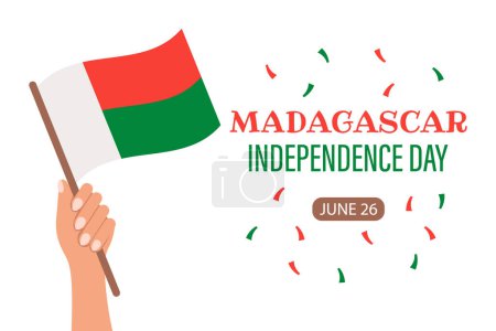Día de la Independencia de Madagascar. Bandera con la mano con bandera de Madagascar. Ilustración de vacaciones. Vector