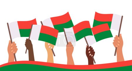 Jour de l'indépendance de Madagascar. Bannière avec drapeaux de Madagascar dans les mains. Illustration de vacances. Vecteur