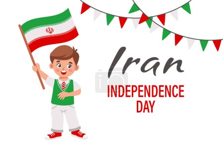 Día de la Independencia de Irán. Banner con lindo niño pequeño con bandera iraní en la mano. Banner, póster, ilustración de vacaciones. Vector