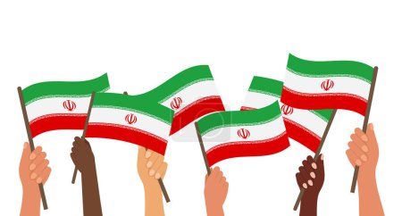 Día de la Independencia de Irán. Bandera con banderas iraníes en las manos. Banner, póster, ilustración de vacaciones. Vector