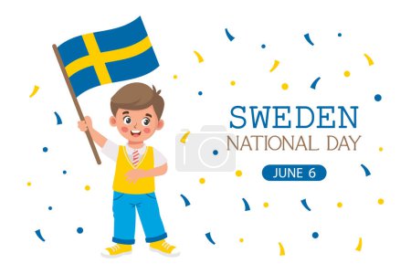 Día Nacional de Suecia. Banner con lindo niño con bandera sueca en la mano. Ilustración de vacaciones. Vector