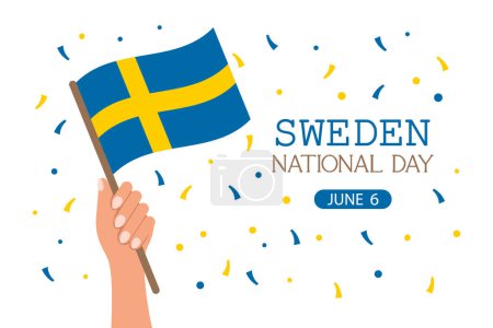 Día Nacional de Suecia. Bandera con bandera sueca en la mano. Ilustración de vacaciones. Vector