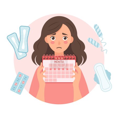 Triste femme avec un calendrier menstruel dans les mains. Soins de santé et médecine. Illustration, vecteur