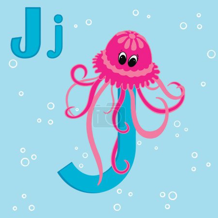 Téléchargez les photos : Alphabet Letter J Jellyfish-ABC TO Z , Colorful animal alphabet letter J with a cute jellyfish  isolated on blue background. - en image libre de droit
