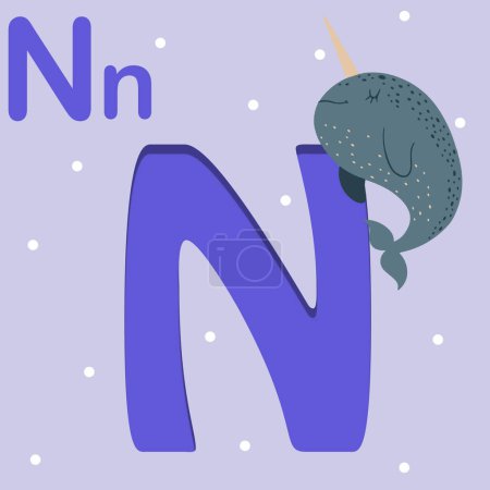 Téléchargez les photos : Alphabet letter N, N for narwhal ,ABC TO Z , Colorful animal alphabet letter N with a cute narwhal. kids education, baby book , baby cards - en image libre de droit
