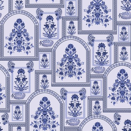 Foto de Vintage seamless pattern in Portugal style Indian blue pottery stle . Azulejo. Majolica pottery tile, blue and white azulejo, traditional Portuguese and Spain decor. - Imagen libre de derechos