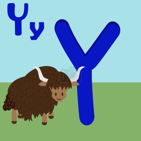 Y für Yak, ABC bis Z, Buchstabe Y und ein niedlicher Cartoon-Yak. Englisches Alphabet für Kinder. Es eignet sich für die Gestaltung von Postkarten, Büchern, Flugblättern, Bannern, Geburtstagseinladungen. 