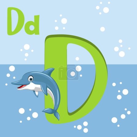  D for Dolphin, ABC TO Z, letra D del alfabeto animal colorido con un delfín lindo, letra D del alfabeto,