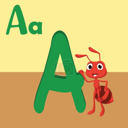 A wie Ameise für Kinder, ABC bis Z, Bunter tierischer Buchstabe a mit einer netten Ameise. Buchstabe A. Kinder Garten Kinderschule, Bücher 