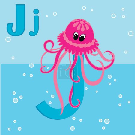 Téléchargez les photos : Méduses ABC TO Z, alphabet animal coloré lettre J avec une méduse mignonne isolée sur fond bleu.Alphabet lettre J - jardin plus agréable - en image libre de droit