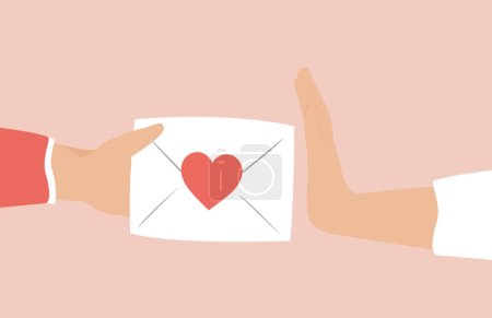 Woman refusing a letter or envelope with red heart containing a love confession and affection from a man. Concept of unsolicited love declaration, relationships breakup, friend zone and broken heart.