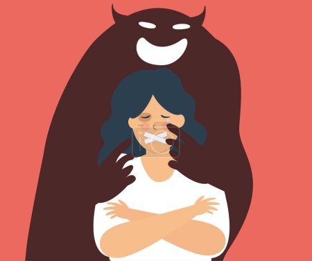 Scared woman suffers from sexual harassment or schizophrenia. Dark evil shadow harassed a crying girl. Illustration about bullying and abuse. Stop violence against women concept.