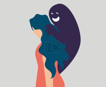 Illustration for Darkness or evil whispering to a woman with dissociative identity disorder. Girl with Schizophrenia symptoms looks scared tries to hide her face. Concept of Split Personality or mental health disorder - Royalty Free Image