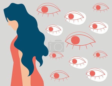Illustration for Sad woman feels stress and depression surrounded by big evil eyes watching her. Teenage girl suffers from verbal abuse and bullying. Concept of mental health illness, phobia, and fears. - Royalty Free Image