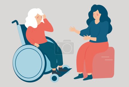 Illustration for Senior woman with a disability uses a wheelchair and talking to a psychologist. Treatment of elderly people in a rehabilitation center. Concept of Alzheimer disease, Infirmary and psychotherapy. Vector illustration - Royalty Free Image