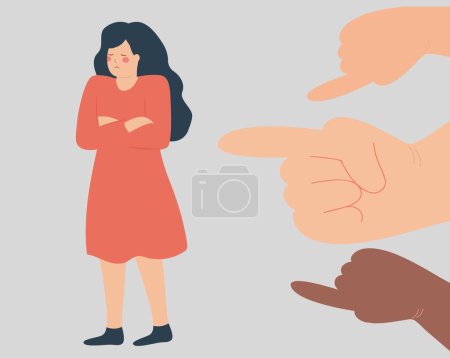 Illustration for People surround a woman and point fingers on her. Sad teenager suffers from harassment and verbal assault. School girl bullied by her classmates. Stop violence or abuse against children and women. - Royalty Free Image