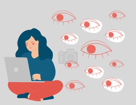 Illustration for Woman working with her computer is observed from behind. Spywares softwares on devices. Spy applications through the laptop. Big eyes peek at a screen of a girl. Spying on private life, internet risks - Royalty Free Image