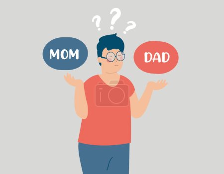 Influence of divorce between parents on children. Confused child hesitates to go with his mother or father. Concept of custody battle and family breakup. Vector illustration.