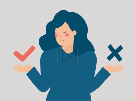 Illustration for Woman showing a check mark or an approval and disapproval signal. Client reviewing a service or product and hesitating between a negative or a positive sign. Customer feedback or review concept. - Royalty Free Image