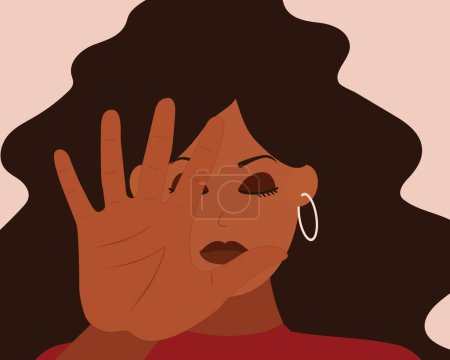 Ilustración de Mujer afroamericana diciendo NO y rechaza algo delante de ella. Mujer negra fuerte expresa desacuerdo y protesta. Concepto de lenguaje corporal y comunicación no verbal de STOP y BASTA - Imagen libre de derechos