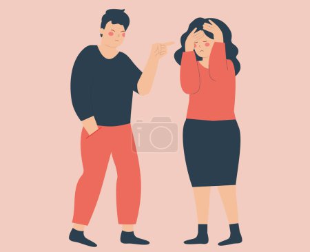Illustration for Illustration of couple quarrel, conflict. Angry man blaming, shouting at upset sad woman. Fight, disagreement between two people in bad relationships. Stop domestic violence and bullying against women - Royalty Free Image