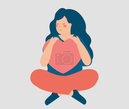 Illustration for Young woman holds and hugs a red heart. Girl cares a big heart with love while sitting. Female love and self acceptance, positive mind, inner peace, mental concept. Flat vector illustration - Royalty Free Image