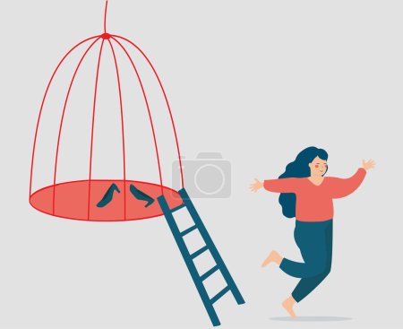 Woman escaping from a cage to find her freedom. Female runs away from a prison. Girl getting out of a tight space. Mental health issues, women's rights, rehabilitation, new opportunities concept.