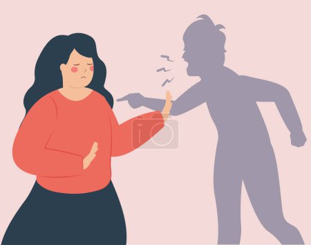 Illustration for Sad woman suffers from bullying and defends herself from an abuser. Victim gets abused and blamed by someone who points a finger on her. Stop violence, abuse and hate against women. - Royalty Free Image