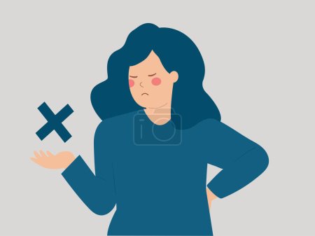 Illustration for Woman holds a reject mark to protest or disapprove something. Activist female disagrees about new laws by saying NO or STOP. Voting, feedback, review and rejection concept. Vector illustration - Royalty Free Image