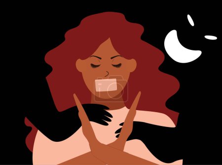 Ilustración de Mujer africana sufre de abuso sexual, asalto, intimidación. La activista mujer negra expresa desacuerdo, protesta y dice suficiente y no. Detener la violencia doméstica contra las mujeres. - Imagen libre de derechos