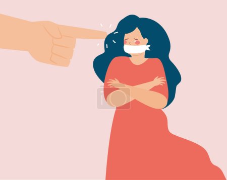 Illustration for Silenced woman by force suffers from abuse. Female blamed by people pointing fingers at her. Teenage girl bullied by society. Stop bullying, violence against women and children concept. Vector stock. - Royalty Free Image