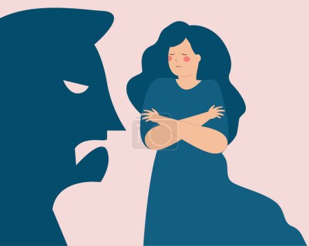 Man's shadow threatening a terrified woman. Girl says NO to abuse and protects herself. Stop domestic violence, school bullying. Protest against sexual assault and exploitation concept. 