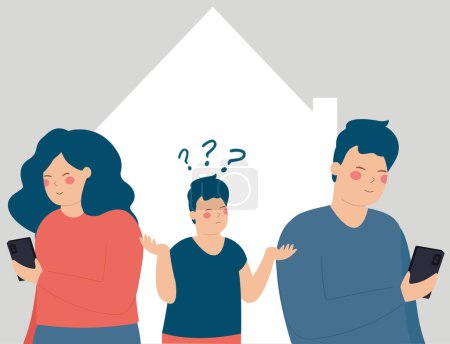 Illustration for Sad little kid boy ignored by his parents. Addict mother and father using mobile phone and neglecting their son who is bored, lonely and feeling abandoned. Negative parenting concept - Royalty Free Image