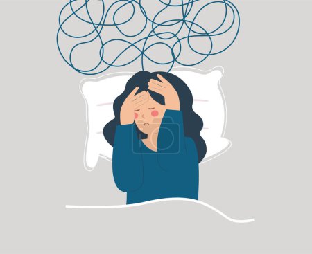 Illustration for Tired woman lying on bed and has difficulty to sleep at night due to headache. Sad girl suffers from insomnia, nightmares and negative tangled thoughts. Concept of Mental health and sleep disorder. - Royalty Free Image