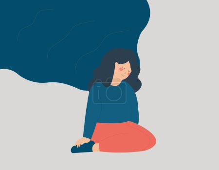 Ilustración de Exhausted woman can not get rid of depression, stress, burnout or negative thoughts. Tired girl does not struggle with life difficulties or problems hanging over her. Mental health disorder concept - Imagen libre de derechos