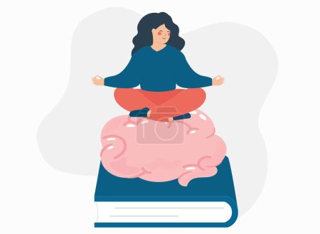 Woman sits on a giant book and a big brain. Girl or student fan of literature shows the importance of reading books and education. Concept of professional career establishment and studies.