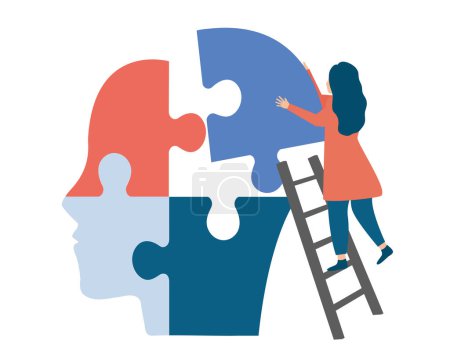 Illustration for Psychotherapist woman connecting jigsaw pieces of a head together. Illustration to support and assist people with mental illness. Concept of brainstorming, creativity and psychology therapy. - Royalty Free Image